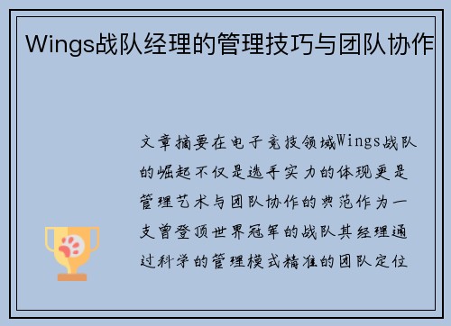 Wings战队经理的管理技巧与团队协作